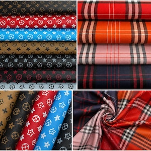 May include: A collection of fabric swatches featuring two distinct patterns. One pattern displays colourful stars and circular motifs on various background colours, while the other pattern consists of classic plaid designs in red, orange, pink, and navy blue.