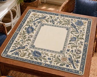 Delft Blue Songbird Mahjong Mat, Vintage Botanical Game Mat, Vegan Leather Mahjong Mat