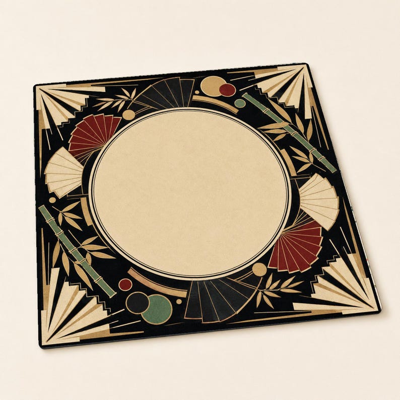 May include: A square decorative mat featuring a large central beige circle surrounded by a black border. The design includes stylized fan shapes in cream, red, and black, along with green bamboo stalks and small circular accents in red and green.