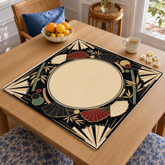 Art Deco Mahjong Mat, Black Gold Shanghai Mahjong Table Mat, Vegan Leather Game Mat