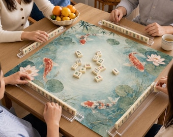 Koi Water Lily Mahjong Mat, Japanese Pond Mahjong Table Mat, Vegan Leather Game Mat