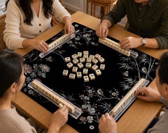 Black Lacquer Mother of Pearl Mahjong Mat, Floral Bird Mahjong Table Mat, Vegan Leather Game Mat
