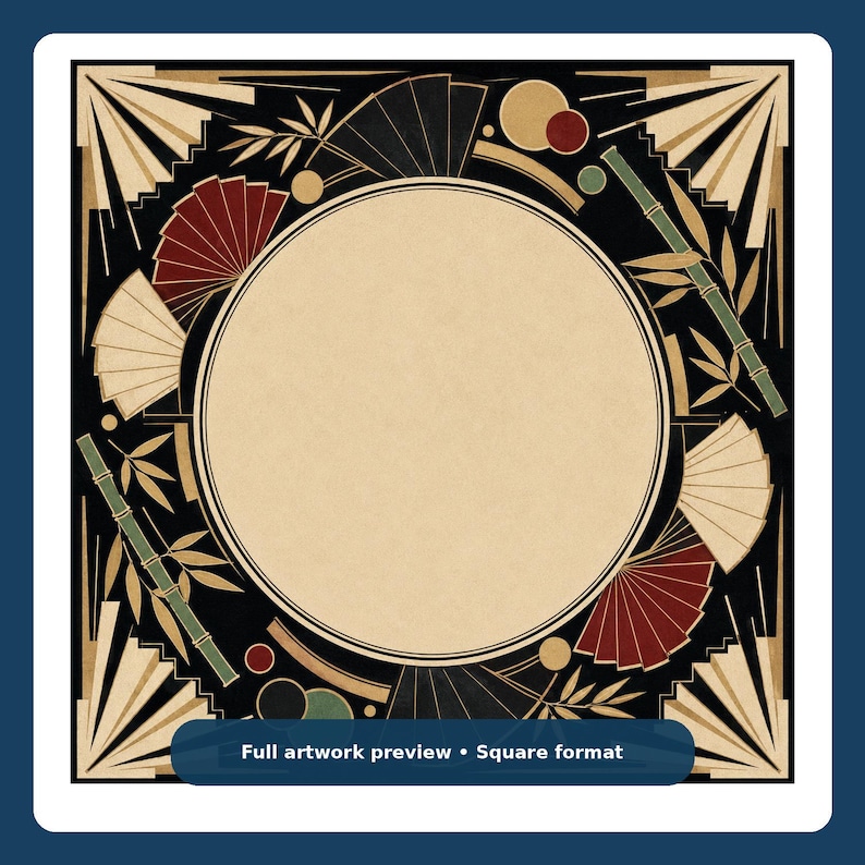 May include: A square decorative frame featuring a central beige circle surrounded by black borders, red and white folding fans, green bamboo stalks, and geometric gold sunburst corners. The text "Full artwork preview &bull; Square format" is visible.