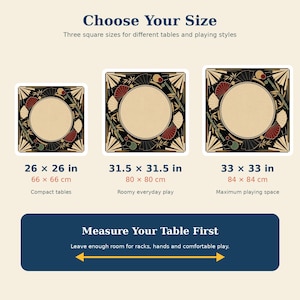 May include: Three square game mats with a black, red, and beige fan and bamboo pattern. Sizes are 26 x 26 inches, 31.5 x 31.5 inches, and 33 x 33 inches. Text includes Choose Your Size, Measure Your Table First, and descriptions for each size.