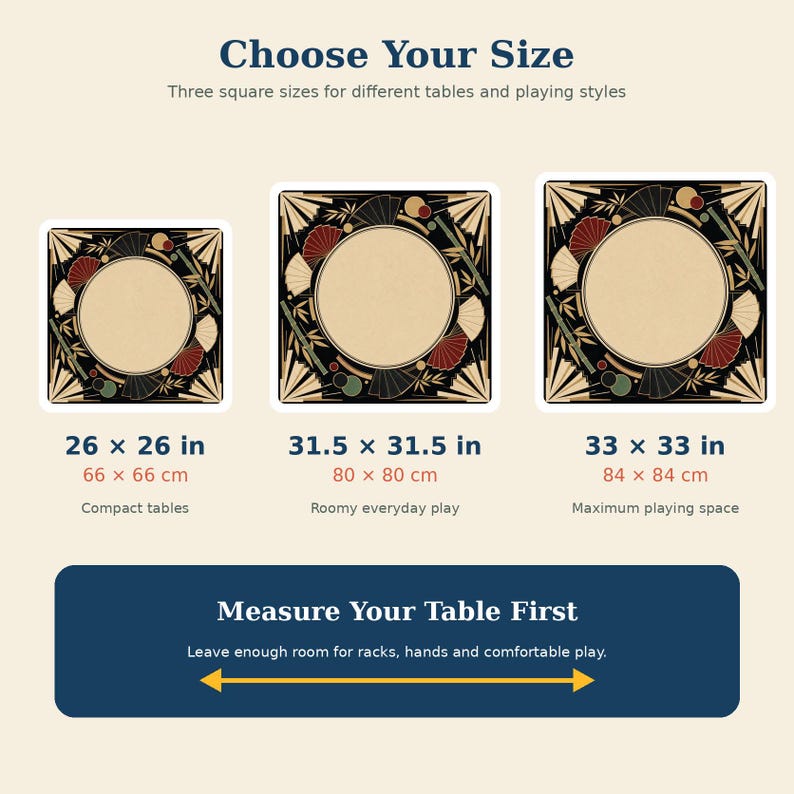 May include: Three square game mats with a black, red, and beige fan and bamboo pattern. Sizes are 26 x 26 inches, 31.5 x 31.5 inches, and 33 x 33 inches. Text includes Choose Your Size, Measure Your Table First, and descriptions for each size.