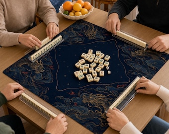 Midnight Dragon Clouds Mahjong Mat, Navy Chinese Dragon Mahjong Table Mat, Vegan Leather Game Mat