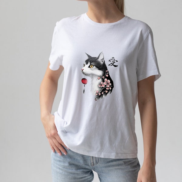 Love - Cat T-shirt, gift for mom, Japanese traditional style, cherry blossom, retro, Japanese Kanji graphic shirts, Comfort Colors® unisex