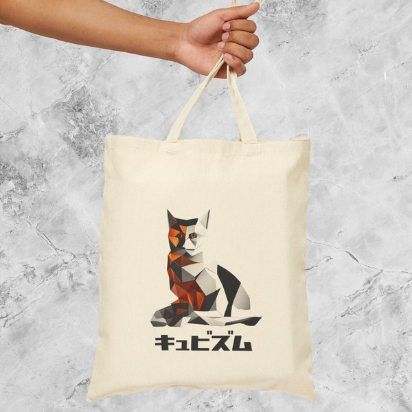 Cotton Canvas Tote Bag, Unique cat, Modern art, Japanese katakana - Cubism -