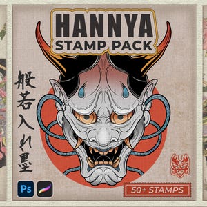 Japanese Hannya Mask Tattoo Procreate Stamps - Irezumi Demon Brush Set, Stencils & Photoshop Brushes for Tattoo Artists | Line Art
