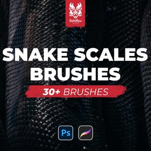 Puede incluir: Primer plano de escamas de serpiente negras. El texto dice "Snake Scales Brushes" y "30+ Brushes". Los logotipos de Photoshop y Procreate son visibles.