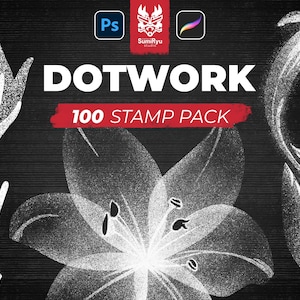 May include: Black and white digital art design with the word "DOTWORK" in large white letters. A red banner reads "100 STAMP PACK". The image includes a flower, hand, and abstract shapes.