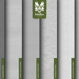 May include: Six different paper textures, including wrapping paper, watercolour paper, zigzag cardboard, handmade paper, old sketching paper, and recycled paper.