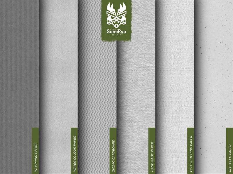 May include: Six different paper textures, including wrapping paper, watercolour paper, zigzag cardboard, handmade paper, old sketching paper, and recycled paper.