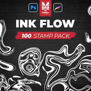 May include: Black background with white ink flow designs. The text "INK FLOW" is displayed in large white letters, with "100 STAMP PACK" in a red banner. Logos for Photoshop and Procreate are in the top corners.