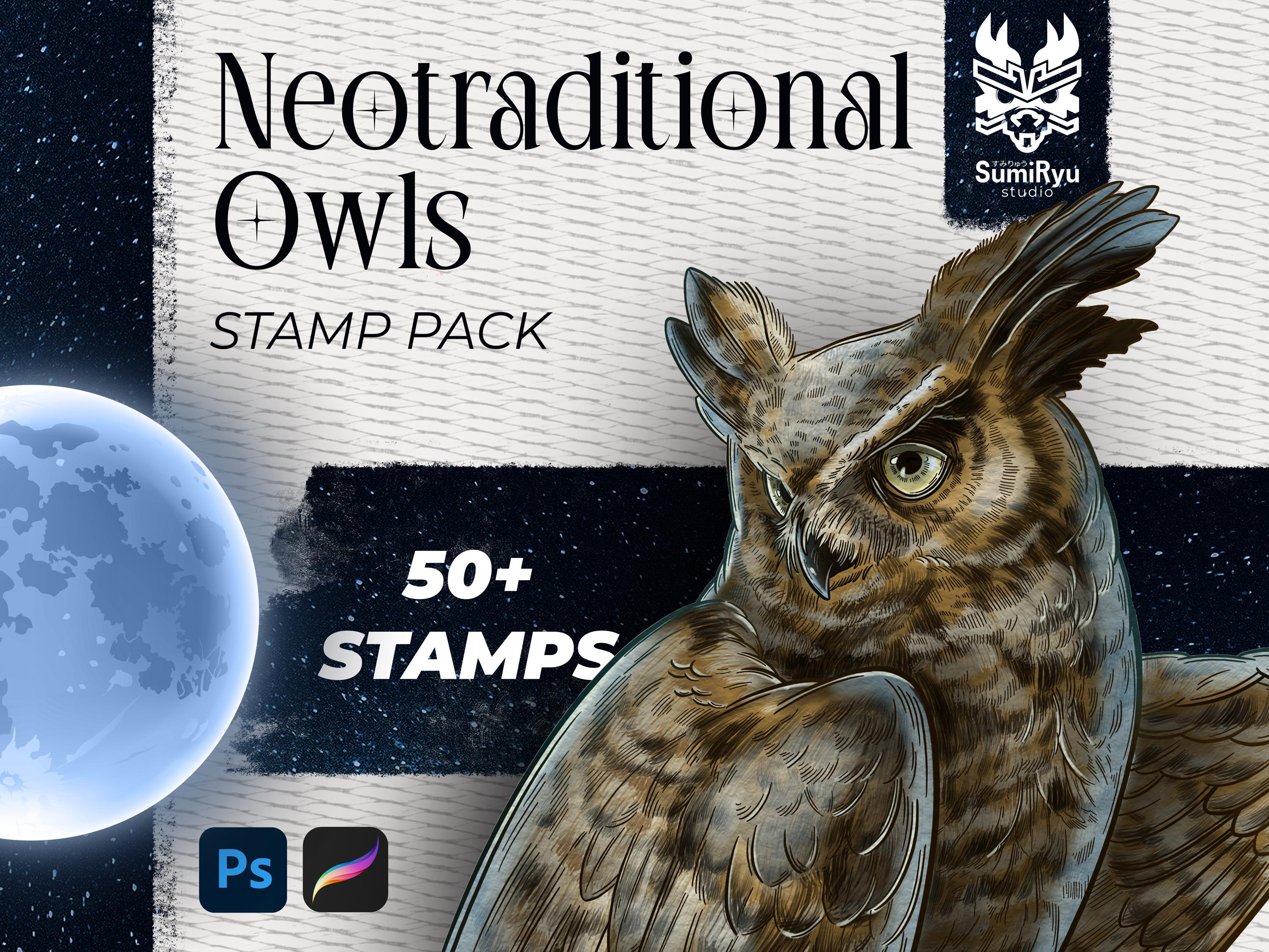 Neotraditional Owls Tattoo | Procreate & Photoshop | Stamps | Stencils | Brushes | Instant Downl