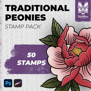 Traditional Peonies Stamps Procreate & Photoshop | Tattoo | Stamps | Stencils | Brushes | Instant Download | High Resolution