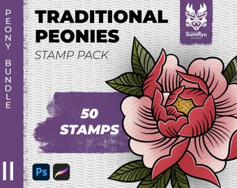 Traditional Peonies Stamps Procreate & Photoshop | Tattoo | Stamps | Stencils | Brushes | Instant Download | High Resolution