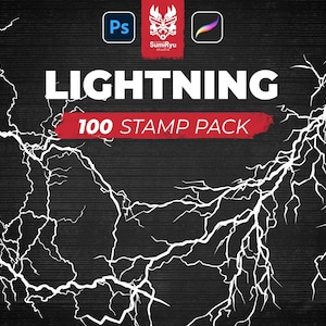 Könnte beinhalten: Ein digitales Kunstpaket mit weißen Blitzillustrationen auf schwarzem Hintergrund. Der Text "LIGHTNING" ist in Weiß, mit "100 STAMP PACK" in Rot. Symbole für Photoshop und Procreate befinden sich in den oberen Ecken.