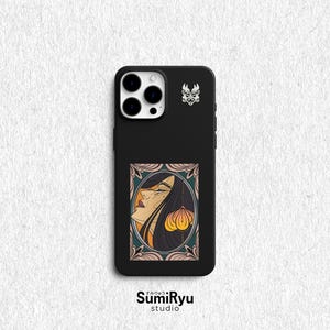 May include: Black phone case with a graphic of a woman with long black hair and a yellow flower. The case has a black background and a white border around the graphic. The phone case has a camera lens cutout and a logo that says "SumiRyu studio".