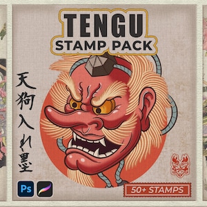 Könnte beinhalten: TENGU STAMP PACK Grafik mit einer rot, orange und gelb gehaltenen Illustration einer Tengu-Maske. Das Stempelpaket enthält über 50 Stempel und ist mit Photoshop und Procreate kompatibel. Das Bild hat japanischen Text und Illustrationen an den Seiten.