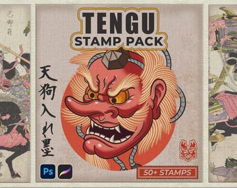May include: A Tengu Stamp Pack graphic featuring a red, orange, and yellow Tengu mask illustration. The stamp pack includes 50+ stamps and is compatible with Photoshop and Procreate. The image has Japanese text and illustrations on the sides.
