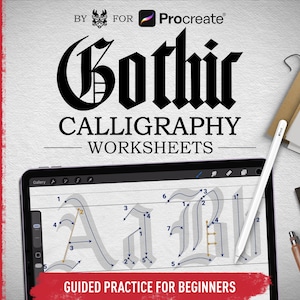 Puede incluir: Una hoja de trabajo de caligrafía digital para Procreate, con el texto "Gothic Calligraphy Worksheets" en negrita negra. La imagen incluye una tableta que muestra guías de caligrafía, un lápiz óptico y una regla. La pancarta roja dice "Guided Practice for Beginners".