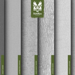 May include: A collection of six different textured paper samples, including kraft paper, untreated canvas, parchment paper, Japanese bark, Japanese leather, and Japanese book. The samples are arranged vertically and labelled with their names.