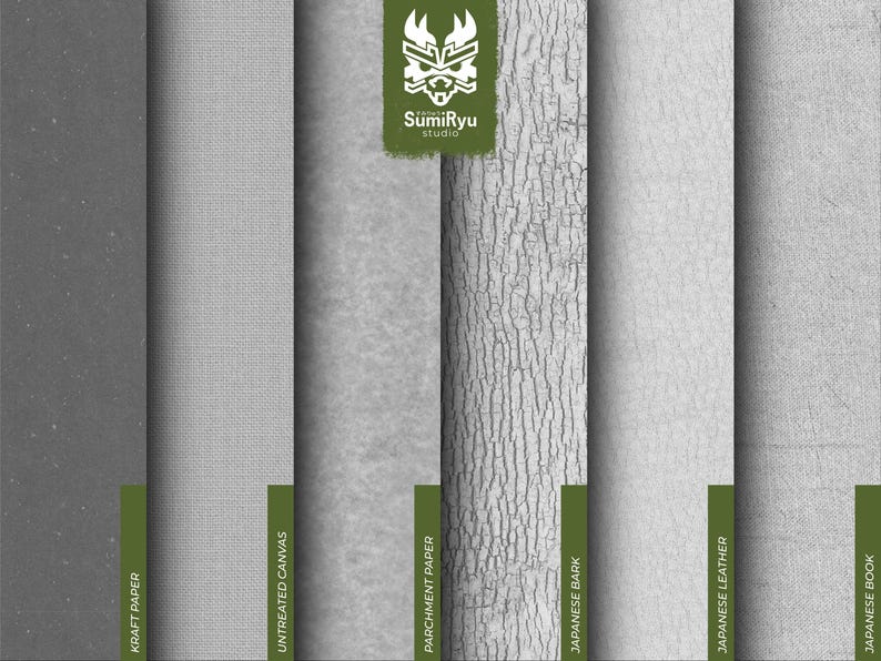 May include: A collection of six different textured paper samples, including kraft paper, untreated canvas, parchment paper, Japanese bark, Japanese leather, and Japanese book. The samples are arranged vertically and labelled with their names.