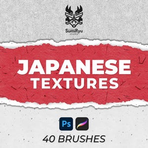 Op de afbeelding: Een rode gescheurde papieren achtergrond met de tekst "JAPANESE TEXTURES" in wit. Onder de tekst bevindt zich een wit Photoshop-pictogram en een wit penseelpictogram. De tekst "40 BRUSHES" bevindt zich onder de pictogrammen.