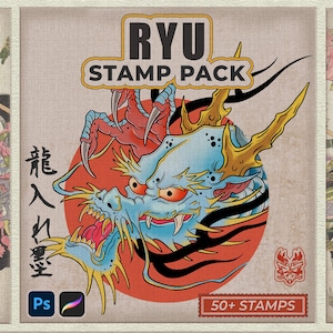 Puede incluir: Un paquete de sellos de arte digital titulado "Ryu Stamp Pack" con una ilustración detallada de un dragón azul y dorado con detalles en rojo, sobre un círculo rojo. El diseño incluye texto japonés y los logotipos de Adobe Photoshop y Procreate, con una pancarta "50+ Stamps".