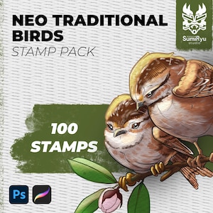 May include: A digital stamp pack featuring 100 illustrations of birds in a neo-traditional style. The image shows two birds perched on a branch with pink flowers. The text "NEO TRADITIONAL BIRDS STAMP PACK" and "100 STAMPS" is visible in the image.