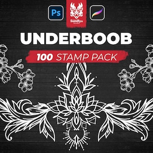 以下が含まれることがあります： 黒い背景に、白い花柄と装飾的なデザイン。テキスト「UNDERBOOB」は大きな白い文字で表示され、「100 STAMP PACK」は赤いバナーで表示されます。 PhotoshopとProcreateのアイコンが含まれています。