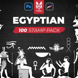 May include: A black background with white Egyptian-themed illustrations and the text "EGYPTIAN 100 STAMP PACK". The image includes icons of cats, pharaohs, and other ancient Egyptian symbols, along with icons for Adobe Photoshop and Procreate.