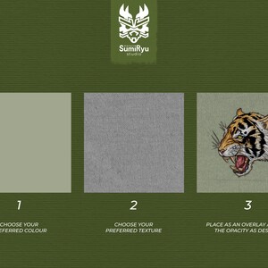 May include: Three squares with different options for a design project. The first square shows a light green colour. The second square shows a grey textured background. The third square shows a tiger head illustration on a green background. The text below the squares reads: "Choose your preferred colour", "Choose your preferred texture", and "Place as an overlay and set the opacity as desired".
