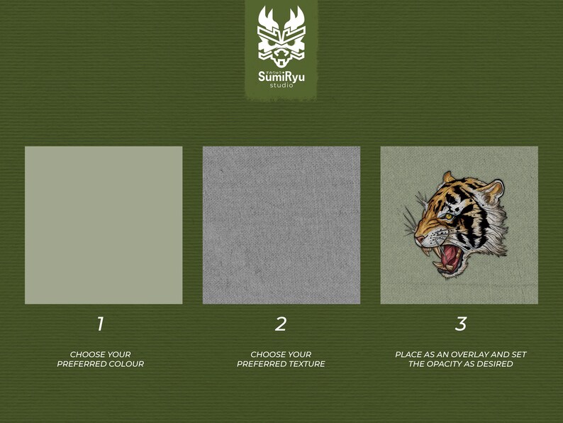 May include: Three squares with different options for a design project. The first square shows a light green colour. The second square shows a grey textured background. The third square shows a tiger head illustration on a green background. The text below the squares reads: "Choose your preferred colour", "Choose your preferred texture", and "Place as an overlay and set the opacity as desired".