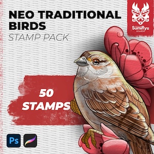 May include: A digital stamp pack featuring 50 neo traditional bird illustrations. The pack includes a brown and white bird with a red flower. The text "NEO TRADITIONAL BIRDS STAMP PACK" is displayed in the top left corner of the image. The text "50 STAMPS" is displayed in the bottom left corner of the image.