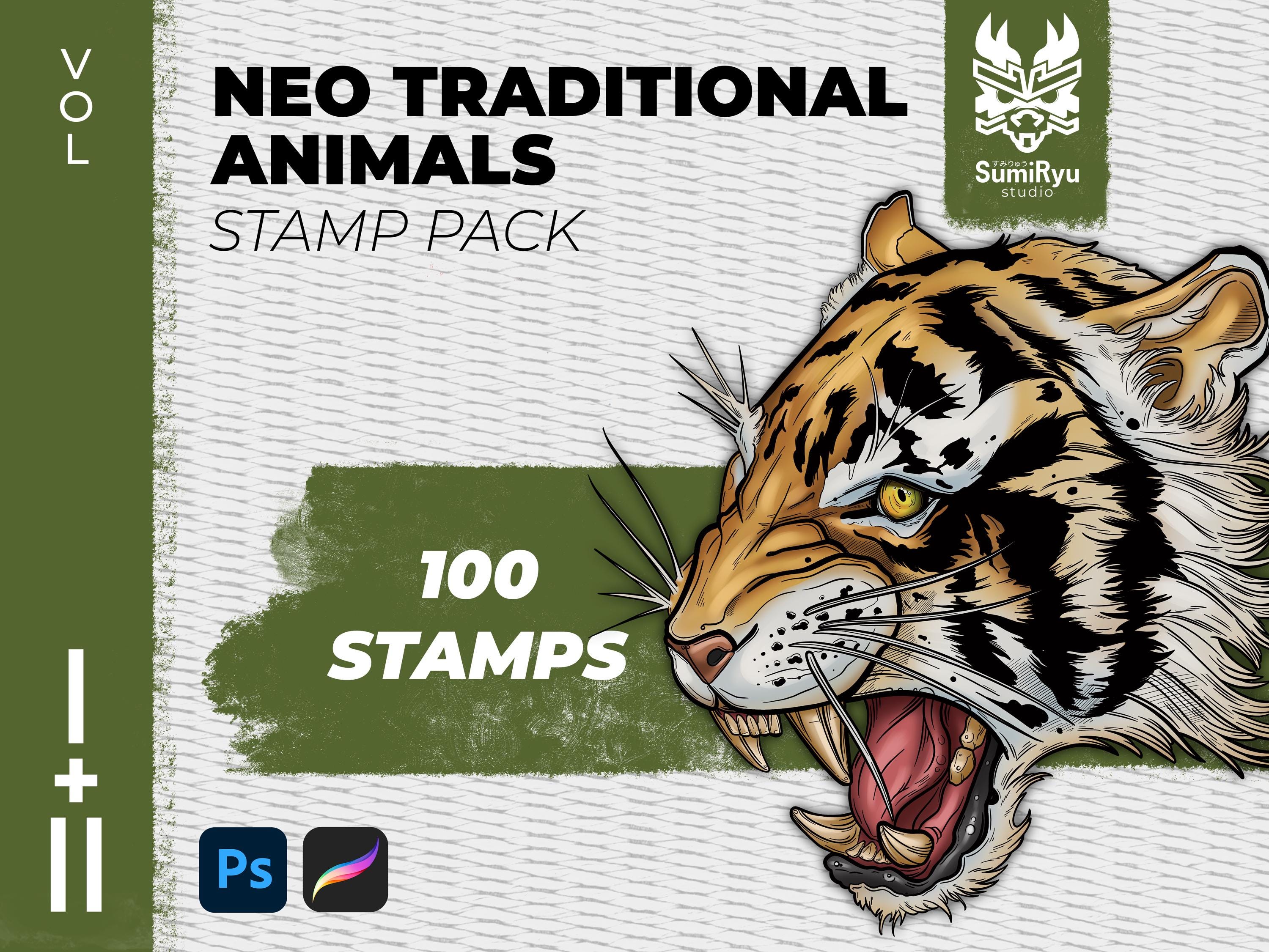 Neotraditional Animal Stamps Bundle for Procreate & Photoshop – 100 Tattoo-Inspired Brushes