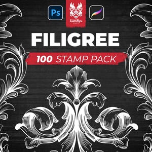 Puede incluir: Fondo negro con elementos de diseño de filigrana blanca. El texto "FILIGREE" se muestra en letras blancas grandes, con "100 STAMP PACK" en una pancarta roja. Incluye iconos de Photoshop y Procreate.