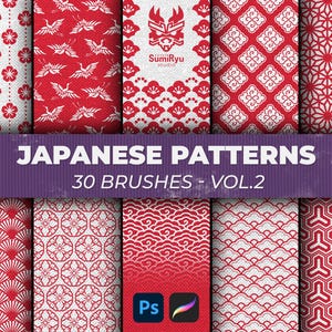 May include: A set of 30 Japanese pattern brushes for Adobe Photoshop. The brushes feature a variety of traditional Japanese designs, including floral, geometric, and wave patterns. The brushes are perfect for creating unique and authentic Japanese-inspired designs.