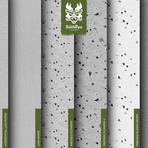 May include: Five different paper textures, including horizontal laid paper, laid paper, pressed flowers, pressed flowers 2, and pressed plants paper.  The paper textures are all white with black ink.  The last texture is a burlap fabric.