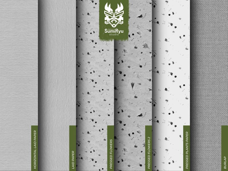 May include: Five different paper textures, including horizontal laid paper, laid paper, pressed flowers, pressed flowers 2, and pressed plants paper.  The paper textures are all white with black ink.  The last texture is a burlap fabric.