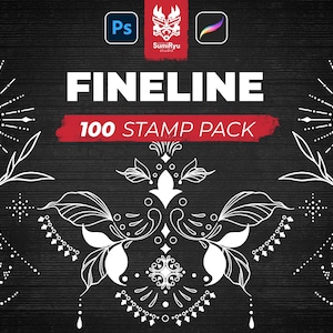 Può includere: Sfondo nero con disegni floreali e geometrici bianchi. Il testo "FINELINE" è visualizzato in grandi lettere bianche, con "100 STAMP PACK" in uno striscione rosso. Icone di Photoshop e Procreate negli angoli superiori.