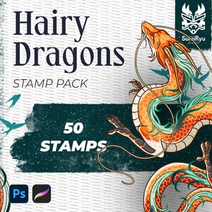 Tatouage de dragons poilus | Procréation et Photoshop | Timbres | Pochoirs | Pinceaux | Téléchargement instantané | Haute résolution