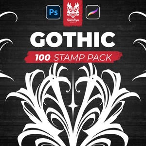 Op de afbeelding: Een zwarte achtergrond met witte gotische decoratieve elementen. De tekst "GOTHIC 100 STAMP PACK" wordt in wit en rood weergegeven. Pictogrammen voor Photoshop en Procreate in de bovenhoeken.