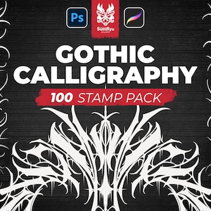 Könnte beinhalten: Schwarz-weißes Grafikdesign mit dem Text "Gothic Calligraphy" und "100 Stamp Pack" in Rot. Das Bild enthält dekorative weiße Elemente im gotischen Stil und Symbole für Adobe Photoshop und Procreate.