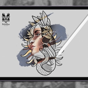 May include: A digital illustration of a woman's face with a snake wrapped around her head. The woman is wearing a crown of leaves and the background is a watercolor wash of blue and gray.