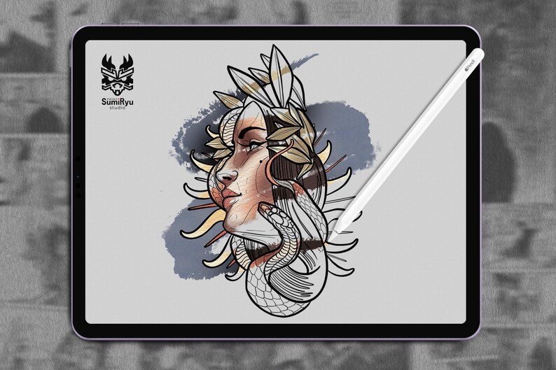 May include: A digital illustration of a woman's face with a snake wrapped around her head. The woman is wearing a crown of leaves and the background is a watercolor wash of blue and gray.