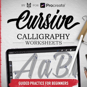 May include: Digital calligraphy worksheets for Procreate, with the title "Cursive Calligraphy Worksheets" in elegant script. The image shows a tablet with letter guides, a stylus, and a ruler. Text reads "Guided Practice for Beginners".