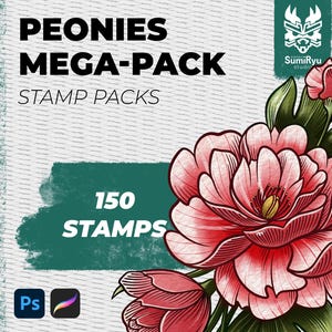 Peonies Tattoo Stamps Procreate & Photoshop | Mega Pack | Stamps | Stencils | Brushes | Instant Download | High Resolution