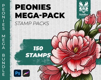 Peonies Tattoo Stamps Procreate & Photoshop | Mega Pack | Stamps | Stencils | Brushes | Instant Download | High Resolution